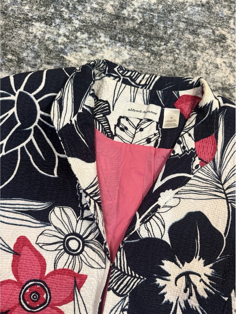 Alfred Dunner Women’s Jacket Size 16 Navy Pink White Floral Cotton Blazer